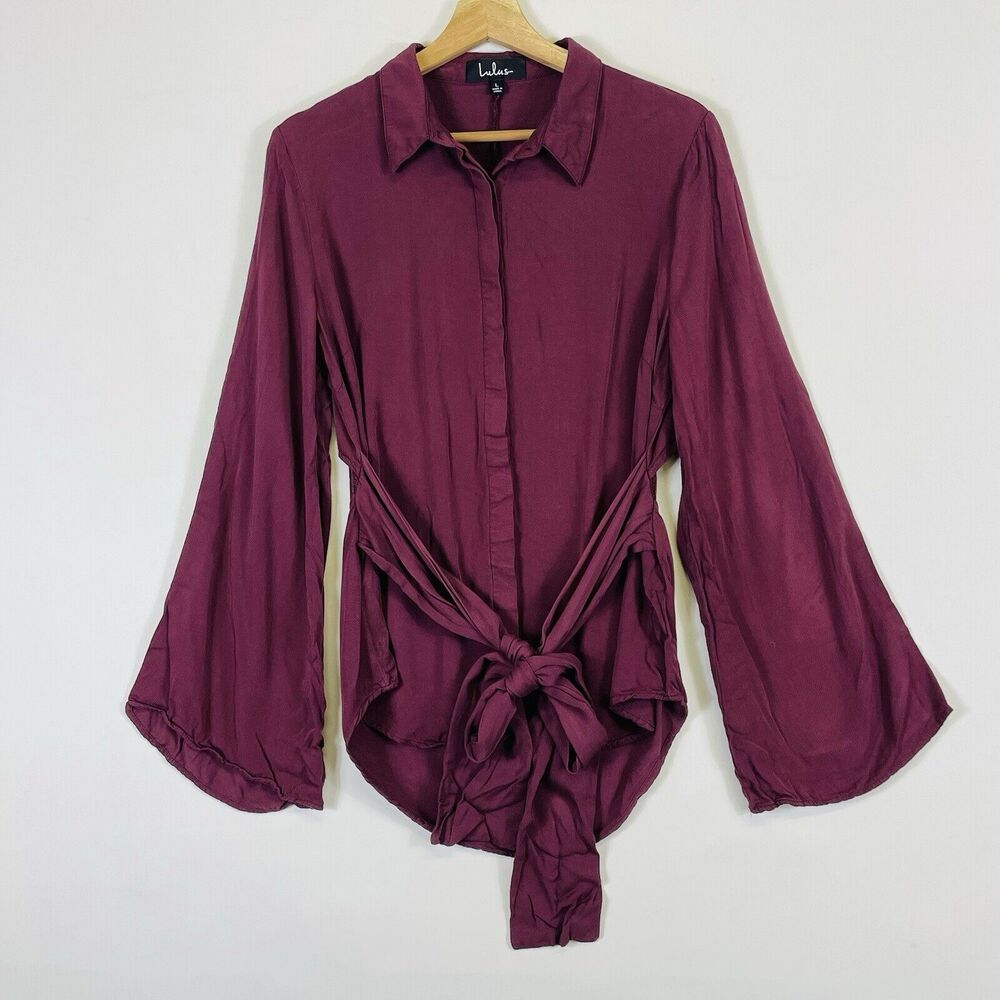 Lulus Mason Blouse Womens Large Burgundy Bell Sleeve Cutout Back Boho Chic